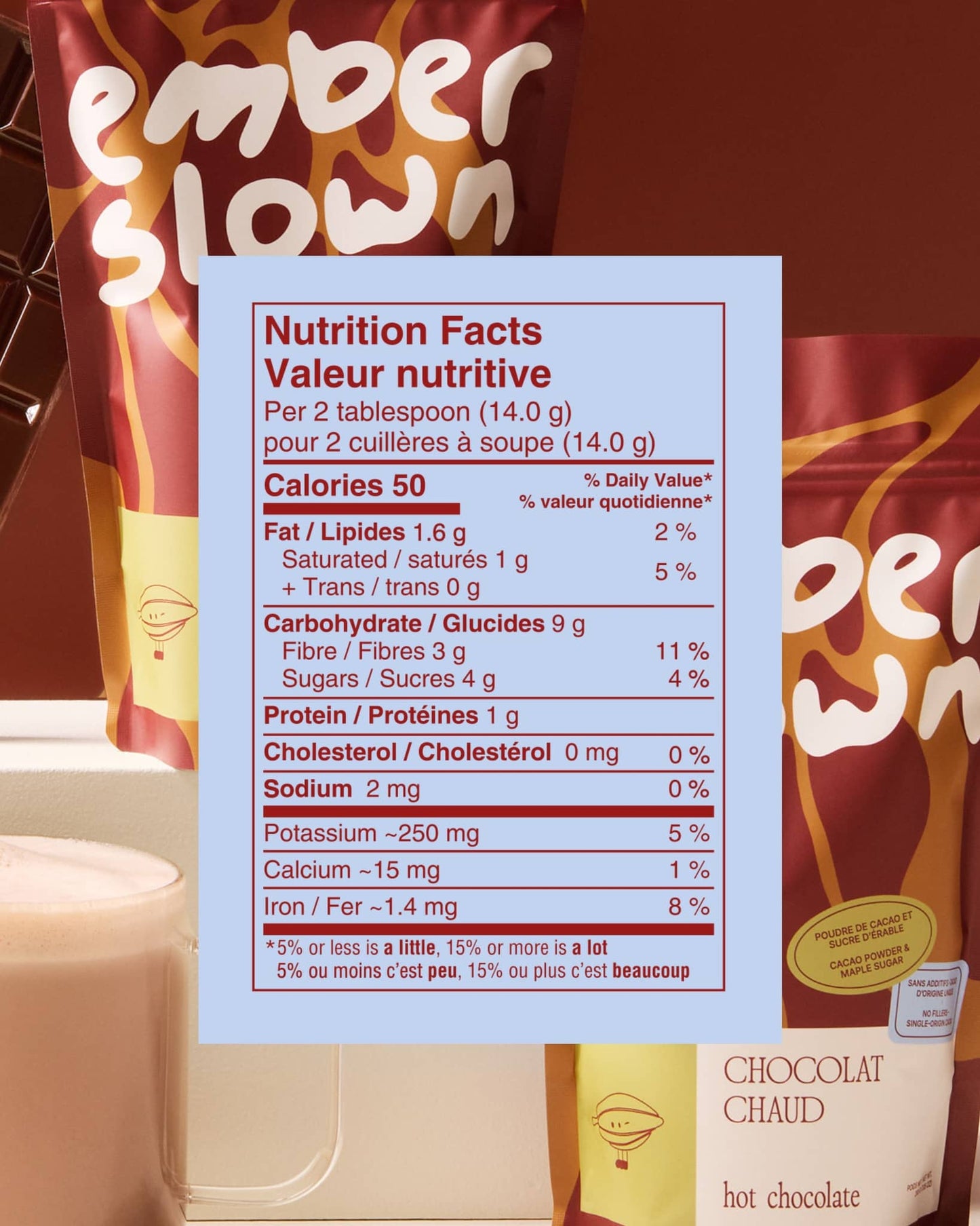 Ember Slown organic hot chocolate nutrition facts low sugar, vegan, gluten-free
