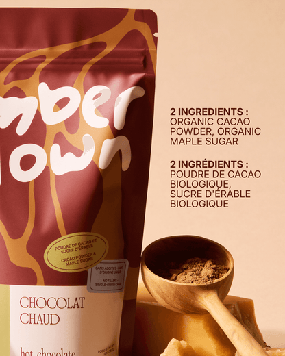 Ember Slown organic hot chocolate, 2 ingredients only, organic cacao powder and maple sugar, vegan Canada