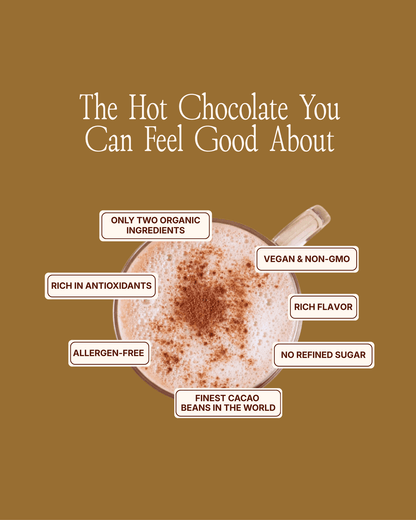 Ember Slown organic hot chocolate benefits, vegan, non-GMO, allergen-free, rich in antioxidants, no refined sugar, 2 organic ingredients Canada