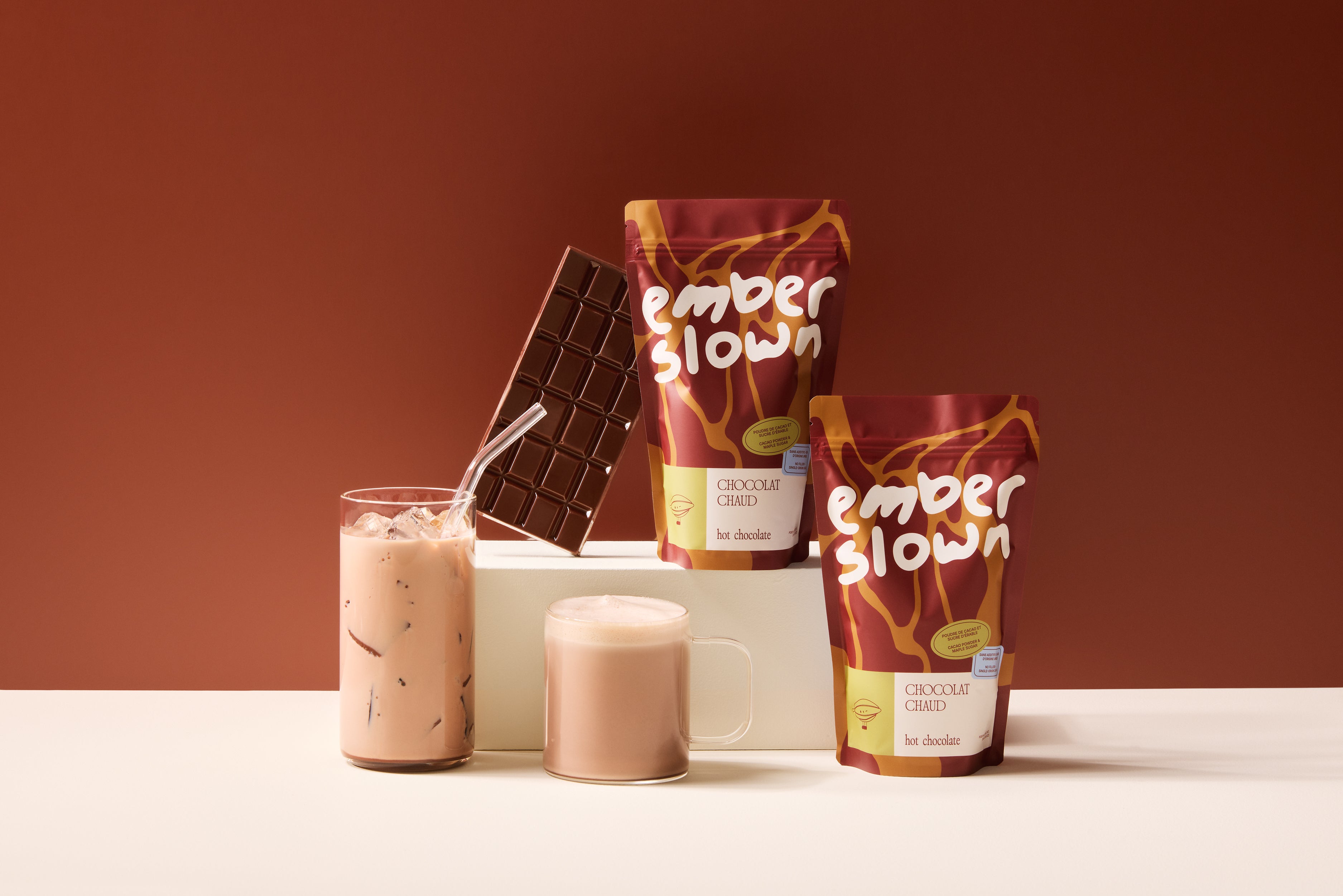 Ember Slown organic hot chocolate pouches served hot and iced, vegan gluten-free coffee alternative, made in Canada