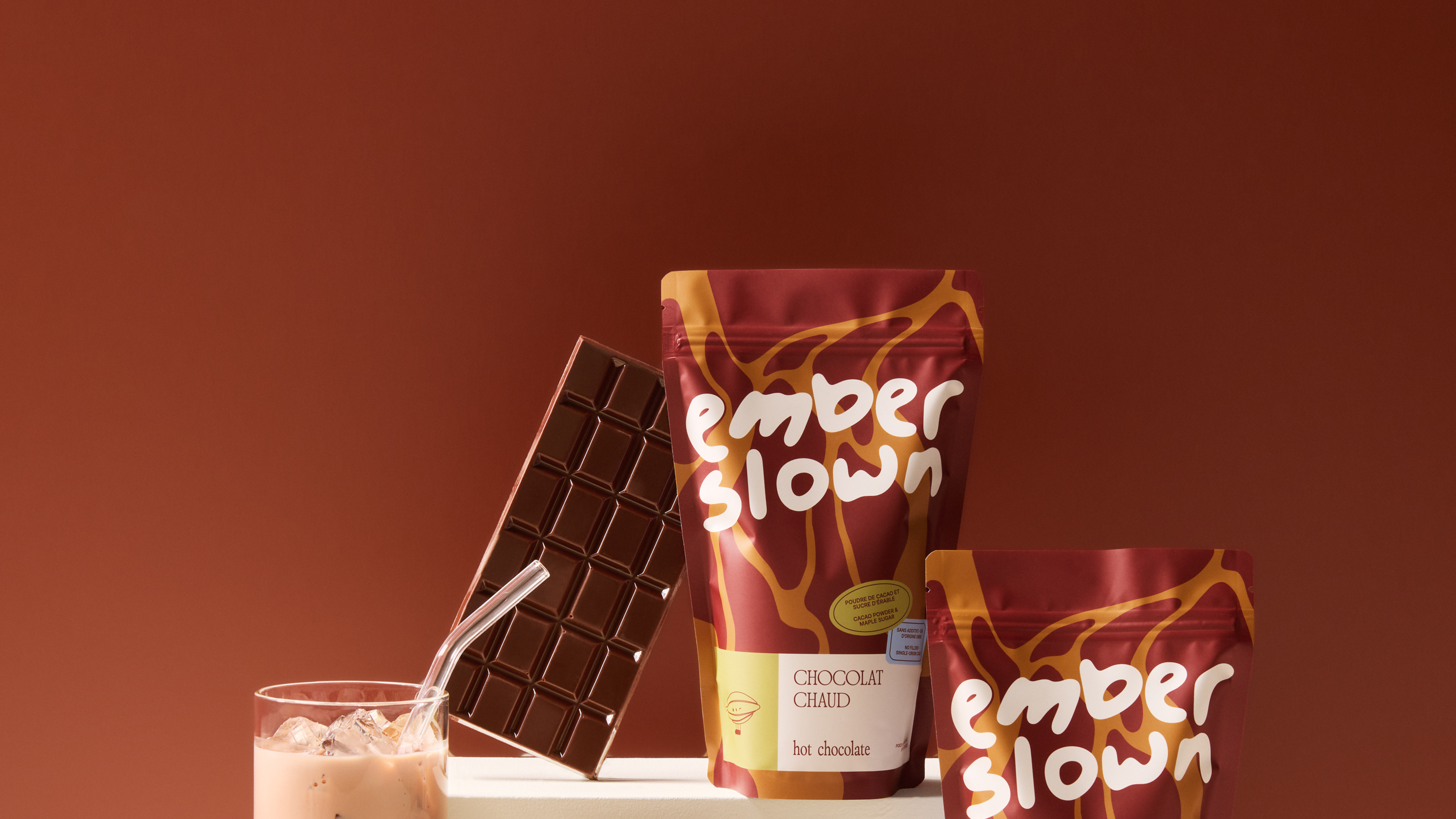 Ember Slown organic hot chocolate pouches with dark chocolate bar, vegan gluten-free coffee alternative, Quebec Canada