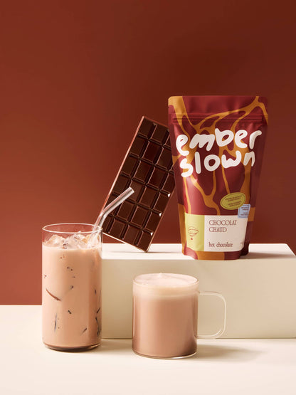 Ember Slown organic hot chocolate powder 200g, cacao and maple sugar blend served iced and hot, vegan drink made in Canada