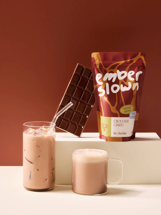 Ember Slown organic hot chocolate powder 200g, cacao and maple sugar blend served iced and hot, vegan drink made in Canada